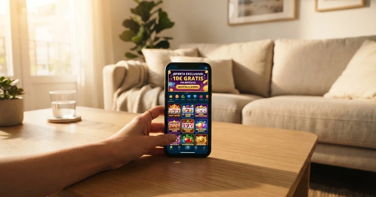 Mano sosteniendo un móvil con la pantalla de un casino online español abierta en una promoción de bono sin depósito, fondo de salón limpio.